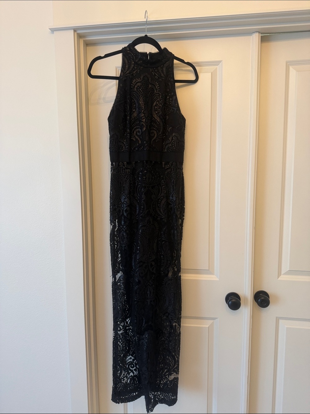 Adrianna Papell Black Lace Halter Maxi Dress